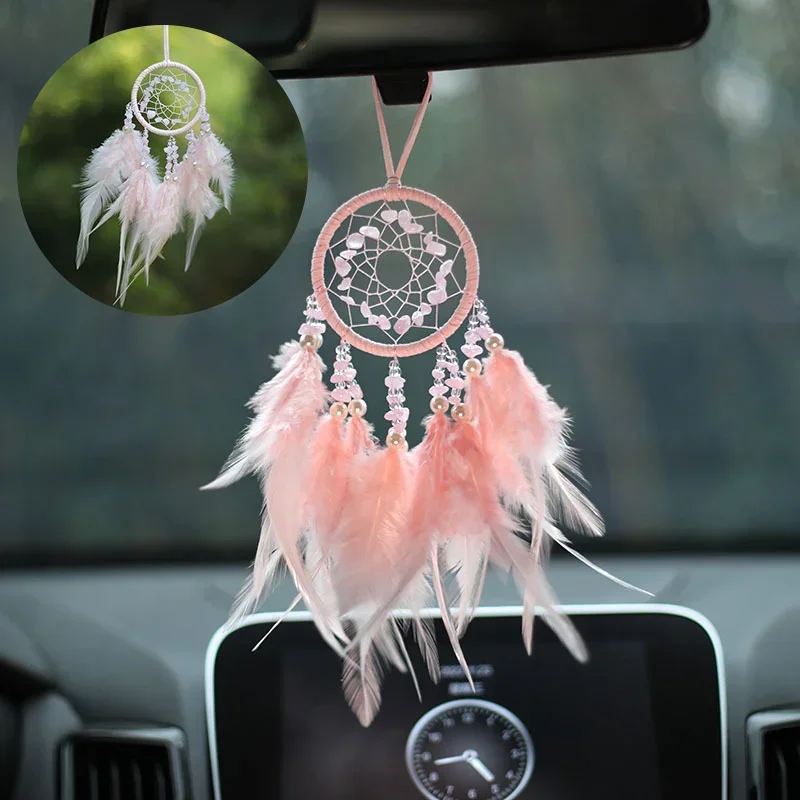 Auto-Ornament Innenraum-Zubehör Traumfänger Auto-Anhänger für Mädchen Feder-Kristall-Spiegel Hängeanhänger Heim-Deko Glücksbringer Image