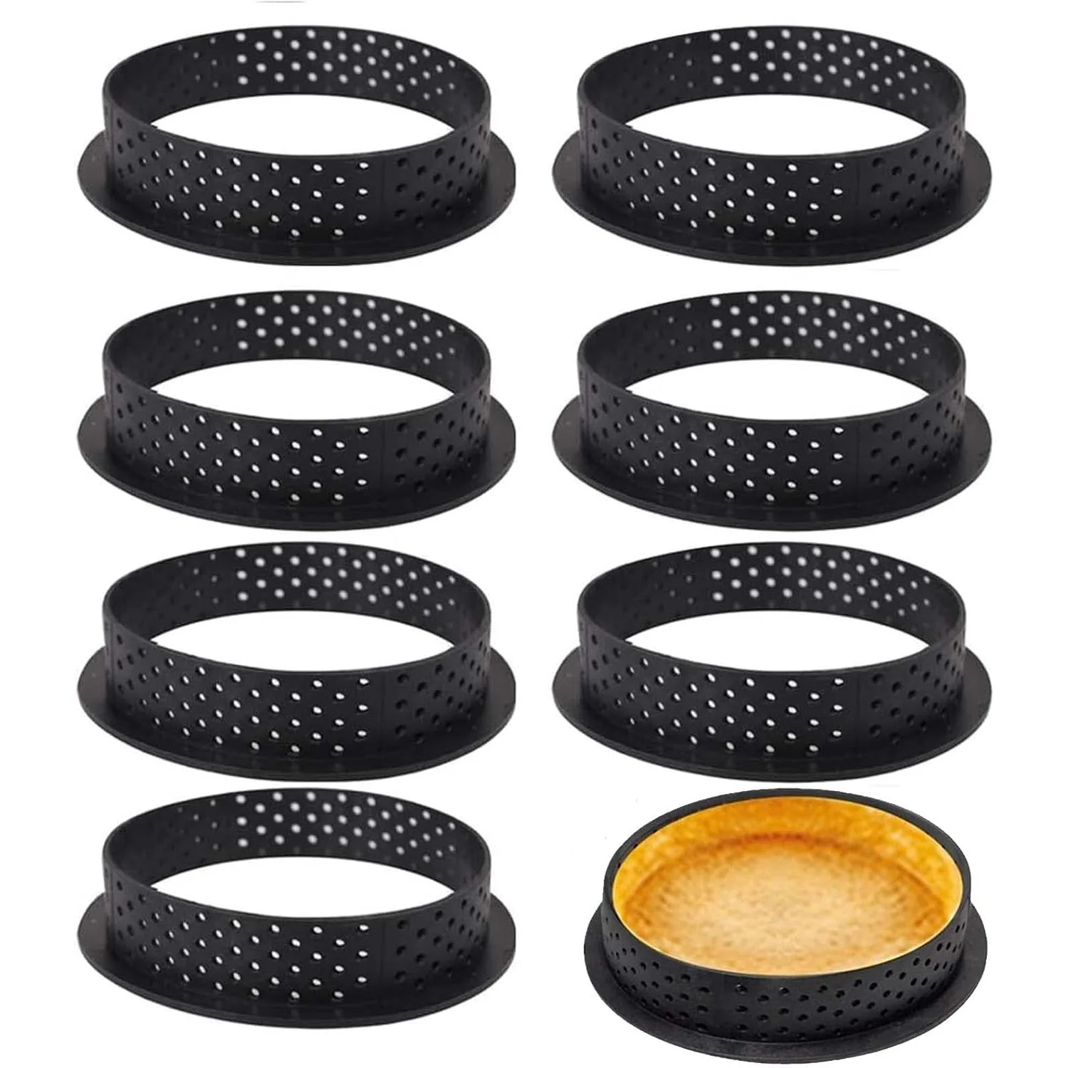 8-teiliges schwarzes Tarte-Ring-Set – perforierte runde Kuchenformen für makellose Tartelettes, Mousse und mehr – ofenfester Kunststoff, ideal für Image