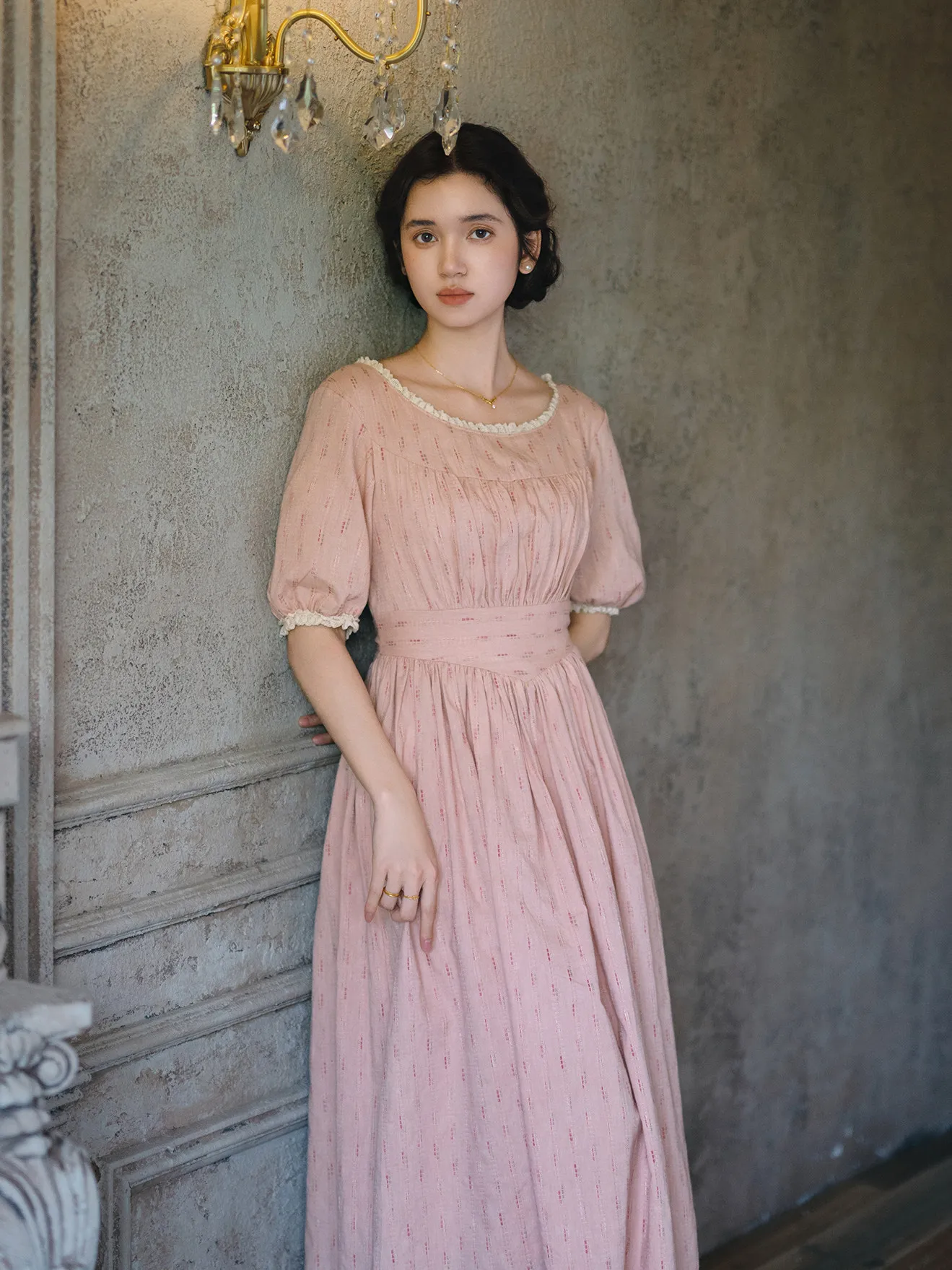 TIYIHAILEY Damenkleid Halber Ärmel Langes Maxikleid 100% Baumwolle S-XL Vintage Hohe Taille 2026 Rosa Spitze Patchwork Frühling Herbst