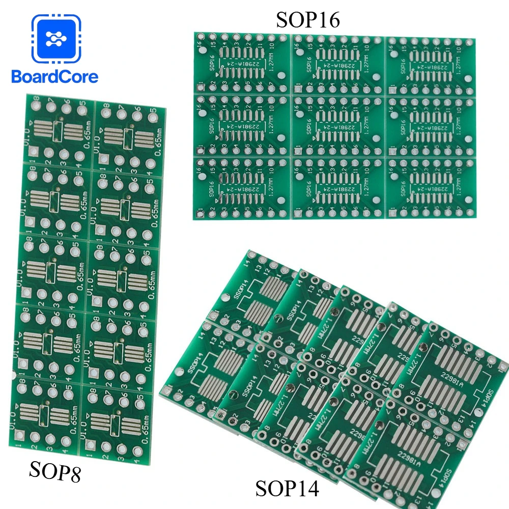 10 Stück SMD-zu-DIP-Adapter PCB-Adapterplatine, SOP8/14/16/20/24/28 FR-4 Universal-IC-Testplatine für Prototyping & Reparatur Image
