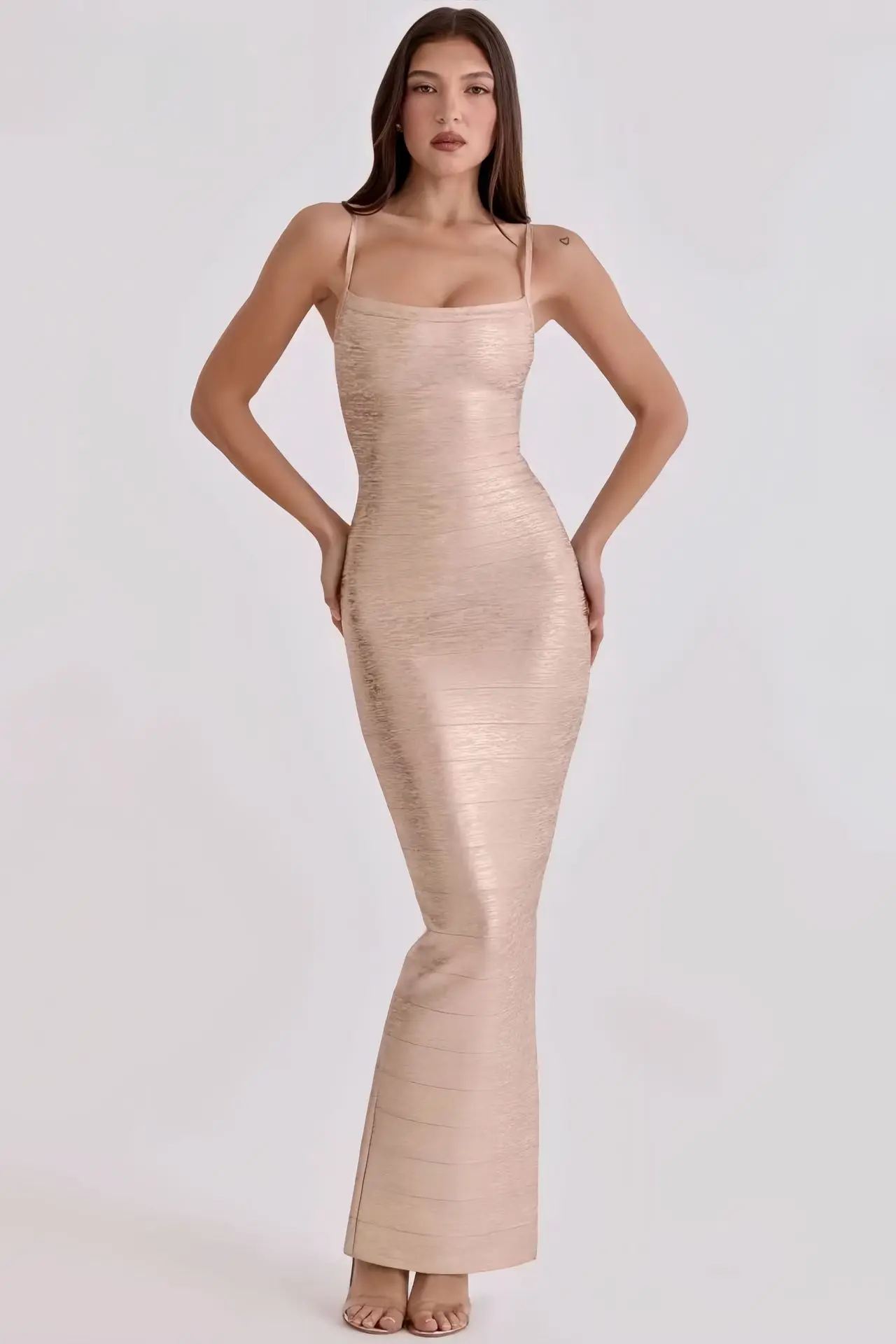 2026 Damen Sexy Neues Ärmelloses V-Ausschnitt Gestreiftes Goldenes Langes Kleid Party-Kostüm Bar Nachtclub Bühnen-Performance-Kleidung