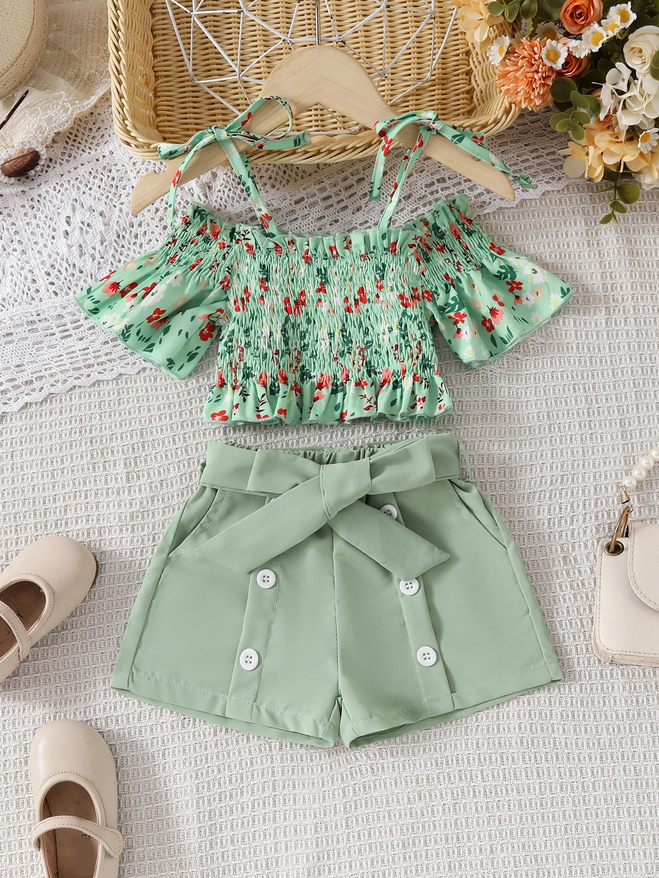 2-teiliges Set für Frühling und Sommer, lässiges Tanktop und Shorts mit Blumendruck für Babys Image