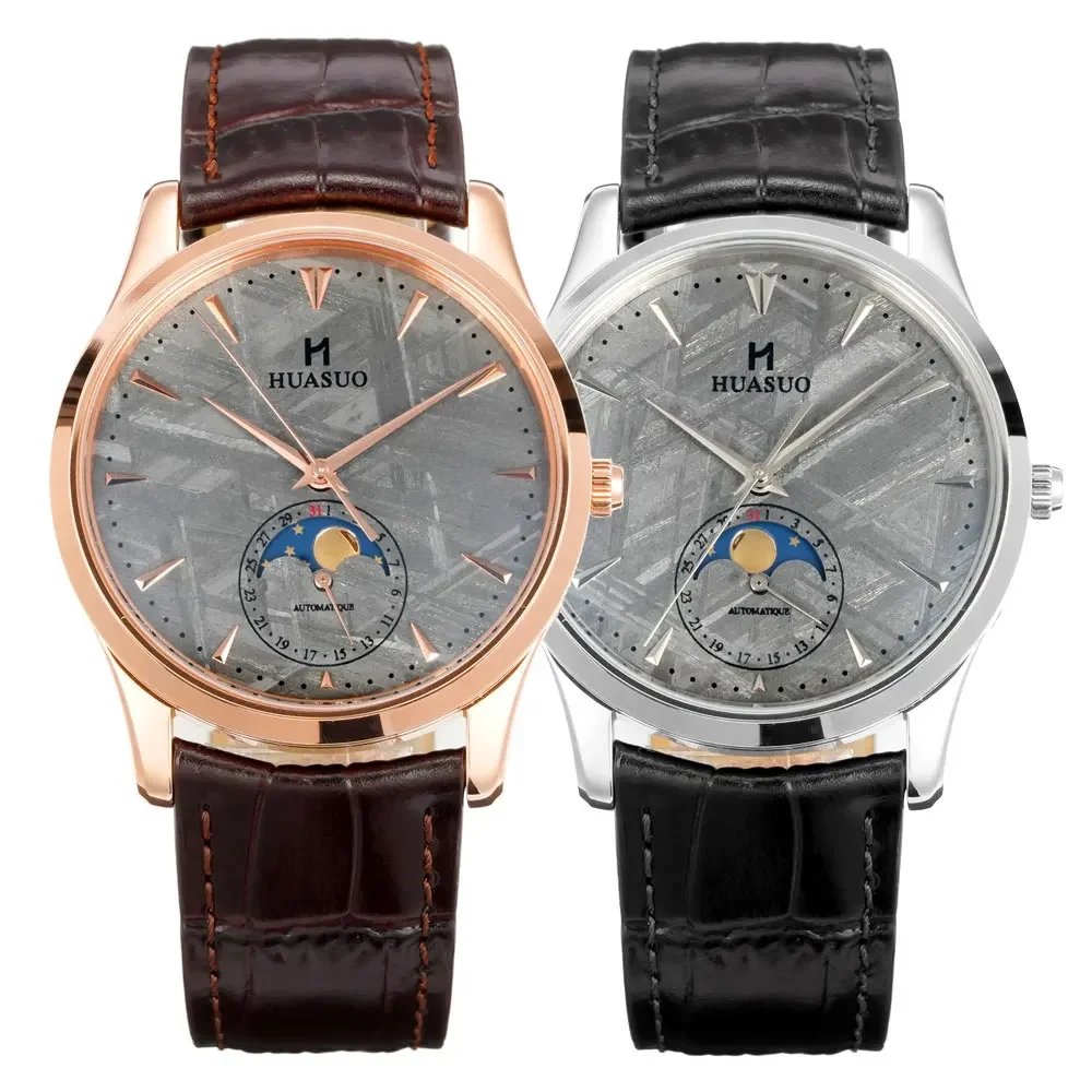 HUASUO Luxus 39 mm Meteoriten-Zifferblatt Mondphase Herren-Kleideruhren Roségold Miyota 9015 Automatik mechanisch 50 m wasserdicht Image