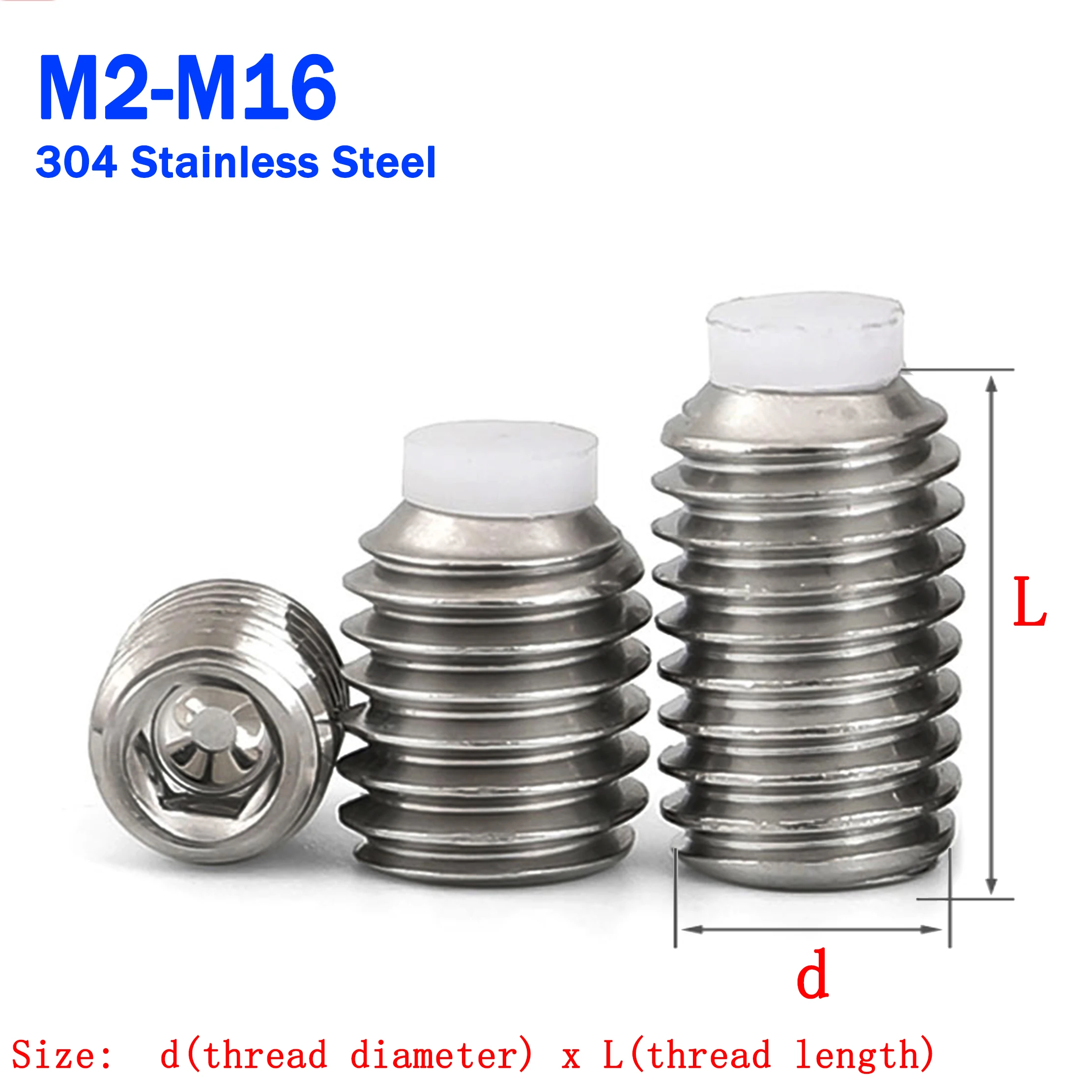 M2 M2,5 M3 M4 M5 M6 M8 M10 M12 304 Edelstahl Innensechskant Kunststoff Nylon Hund Konvexe Spitze Spitze Madenschraube ohne Kopf Stellschraube Image