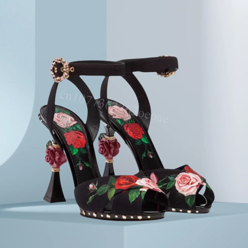 Rosenmuster Peep Toe Sandalen Knöchelriemen Gürtel Wanderschuhe für Frauen Seltsamer Stil Absatz Modeschuh 2025, Zapatos Para Mujere