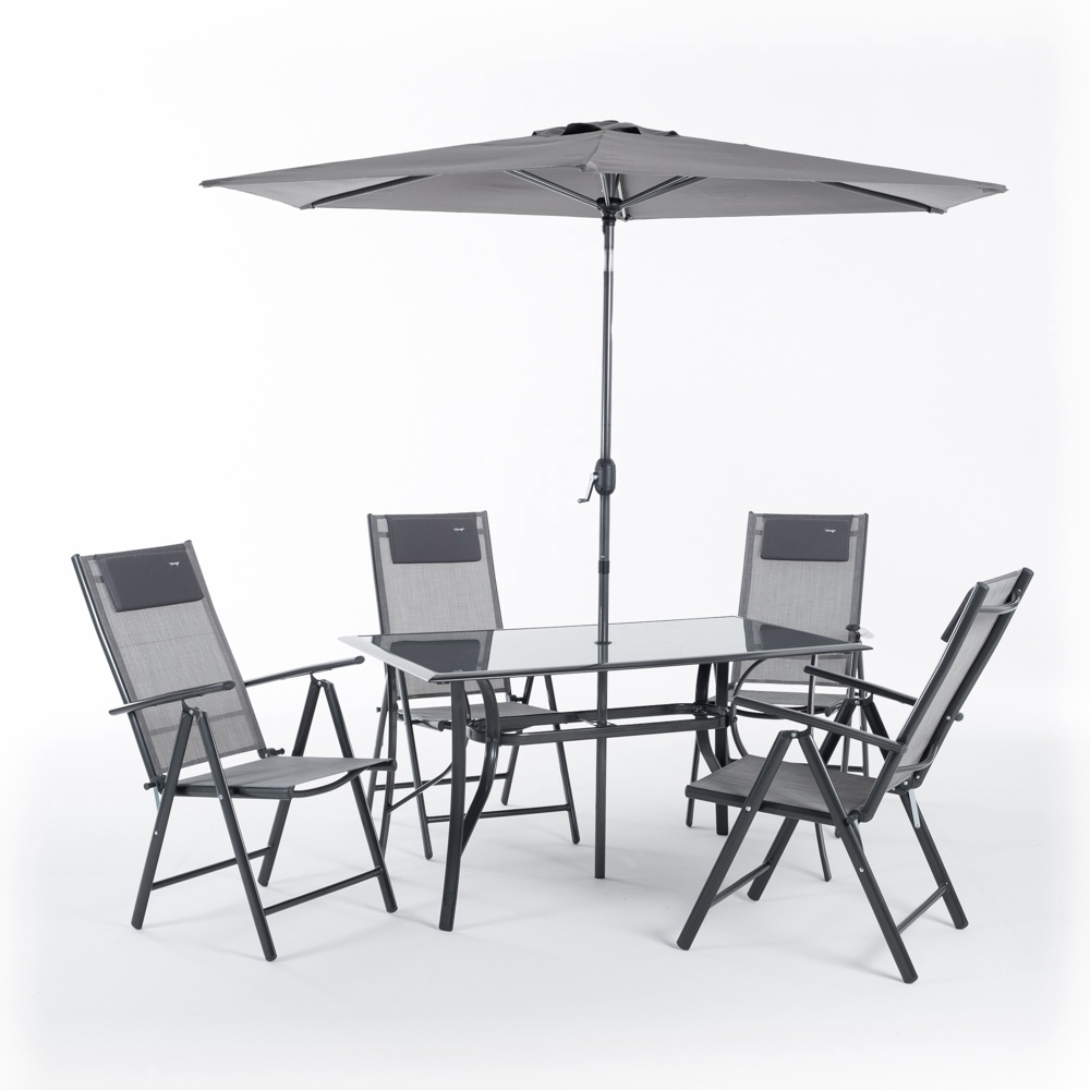 RATTATAN Garten-Essgruppe für 4 Personen mit Glastisch 140x80, 4 mehrfach verstellbaren Klappstühlen aus Textilene mit Kopfstütze, Sonnenschirm 270 cm SANREMO Image