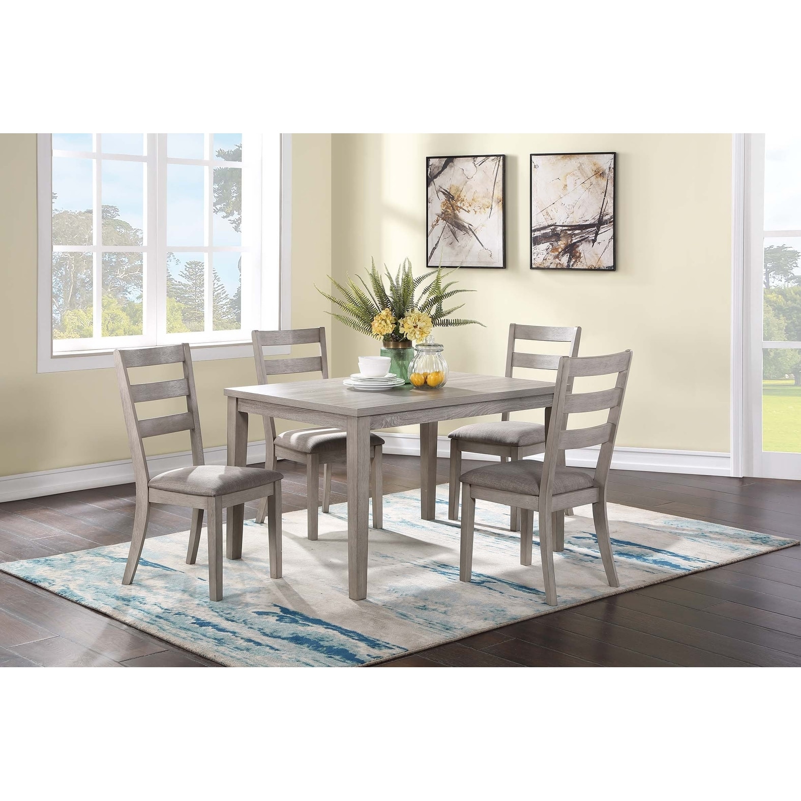 Dining Table Set 5pc Ladder Back Chairs Gray Finish Dining Room Furniture