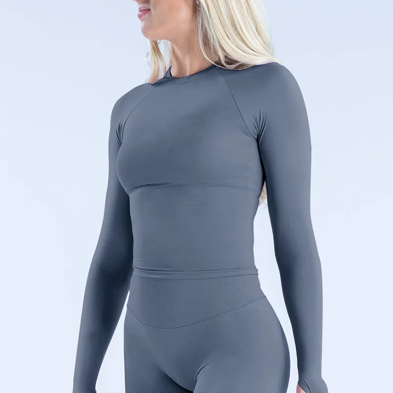 Ensemble de yoga pour femmes Impact, manches longues, couleur unie, col rond, haut de sport ajusté et leggings pour la salle de sport en plein air, la remise en forme et l'entraînement