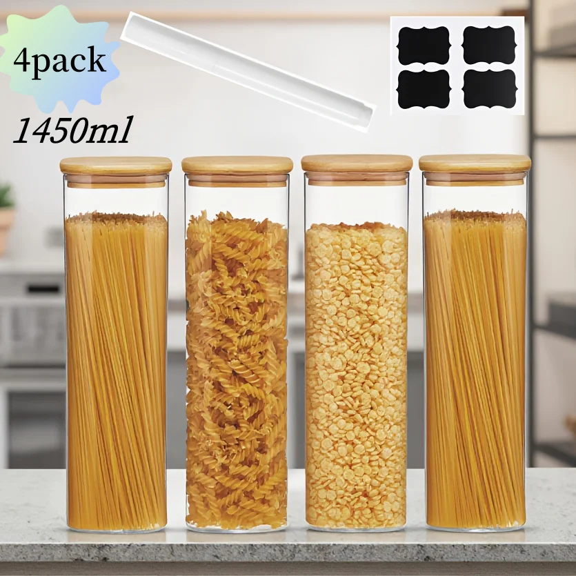 Confezione da 2/4 - Barattoli in vetro quadrati da 1450 ml, contenitori in vetro con coperchio, barattoli per pasta a bocca larga, barattoli per la conservazione in cucina, contenitori per pasta,