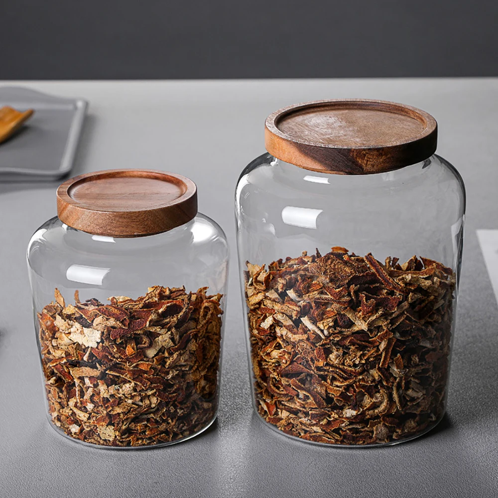 Bottiglie portaoggetti da cucina Barattolo di vetro Contenitore ermetico Grani Tè Caffè Chicchi Grani Barattoli di caramelle Contenitori con coperchio in legno Contenitore per alimenti