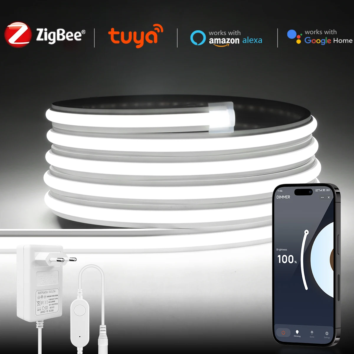 Zigbee Dimmer Dimmbare Unterbauleuchte Tuya Smart Home Küche COB LED-Streifen WLAN-Schalter Silikon-LED-Band Neonlicht 2/5/10M