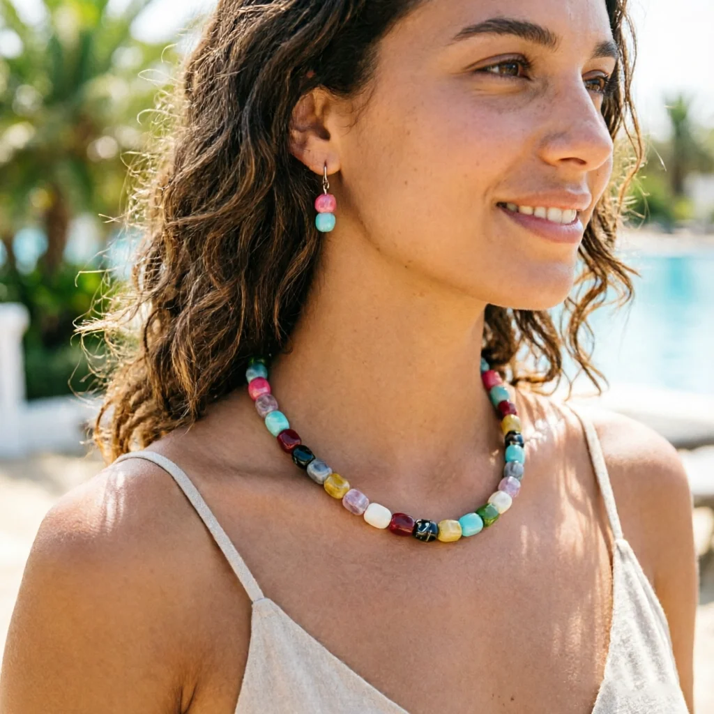 Modische Acrylperlen-Halskette für Damen, temperamentvolle, unregelmäßige geometrische Acryl-Halskette, Urlaubs- und Party-Accessoire, Schmuck Image