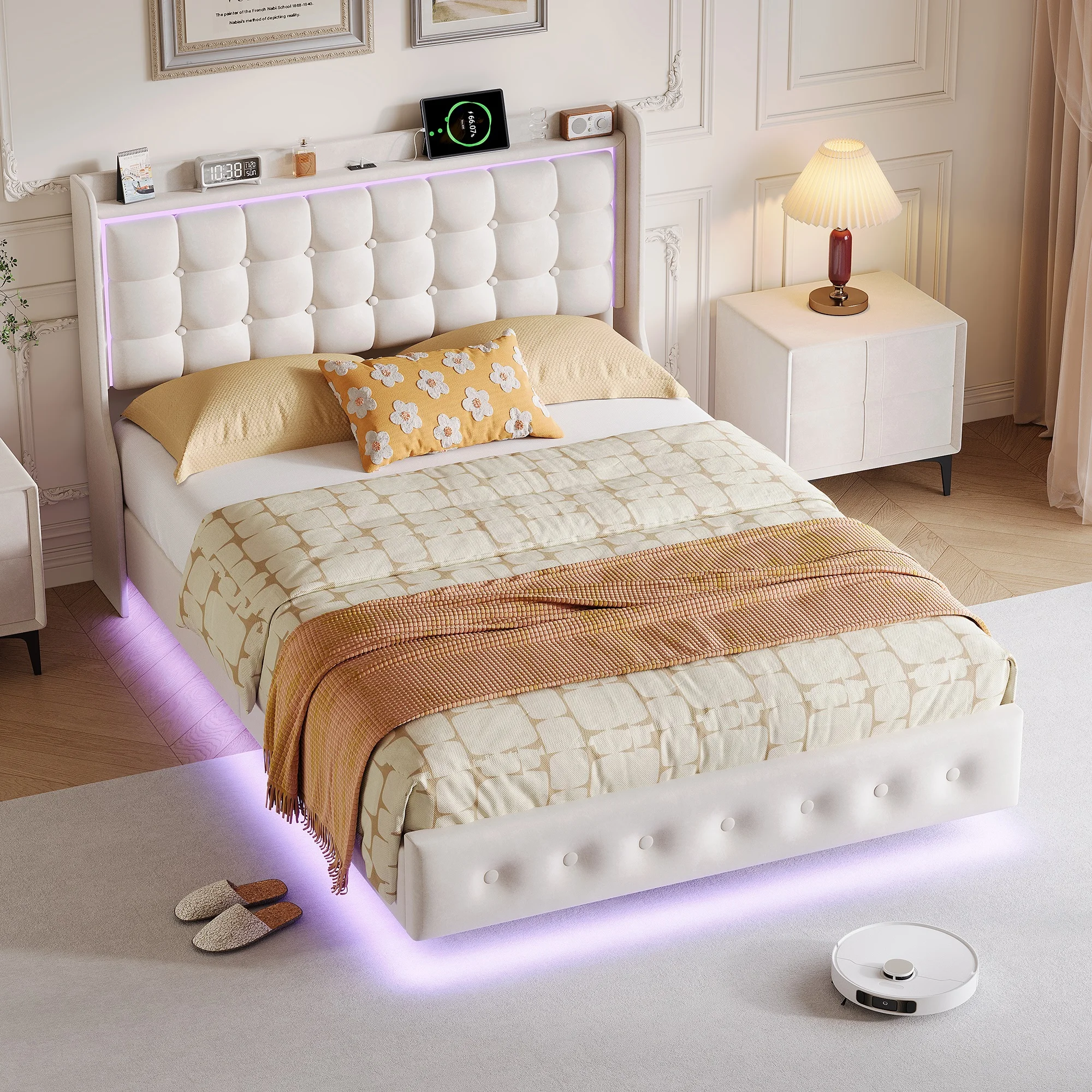Superaly 140/160X200Cm LED-Schwebebett, Doppelbett, Hydraulisches Bett, Jugendbettgestell, Polsterbett, Schlafzimmerbettgestell, Samt Image