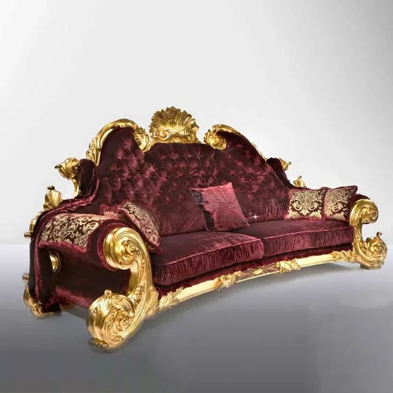 Salon Holz Massiv Sofa Französisch Palace Moderne Luxus Villa Wohnzimmer Gold Folie Rot Flanell Sofa Moderne Muebles Einzigartige Möbel