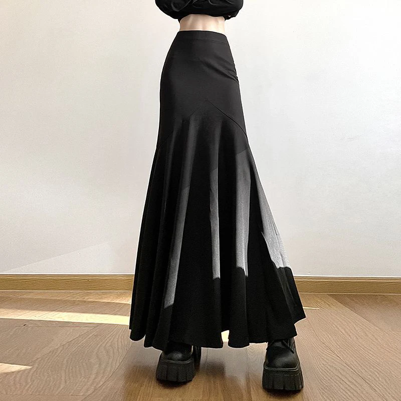 Herbst Schwarz Frauen Langer Rock Große Schaukel Design Slim Fit Mode Meerjungfrau Röcke Hohe A-linie Elegante Chic Casual Ästhetischen Rock