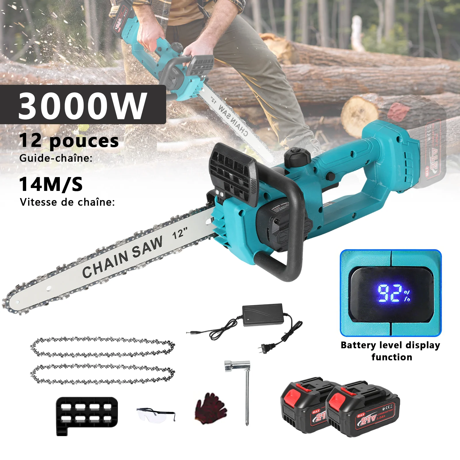 3000W Handgeführte bürstenlose Holzbearbeitungs-Kettensäge für Makita 21V Akku, 12-Zoll kabellose blaue elektrische Kettensäge Image