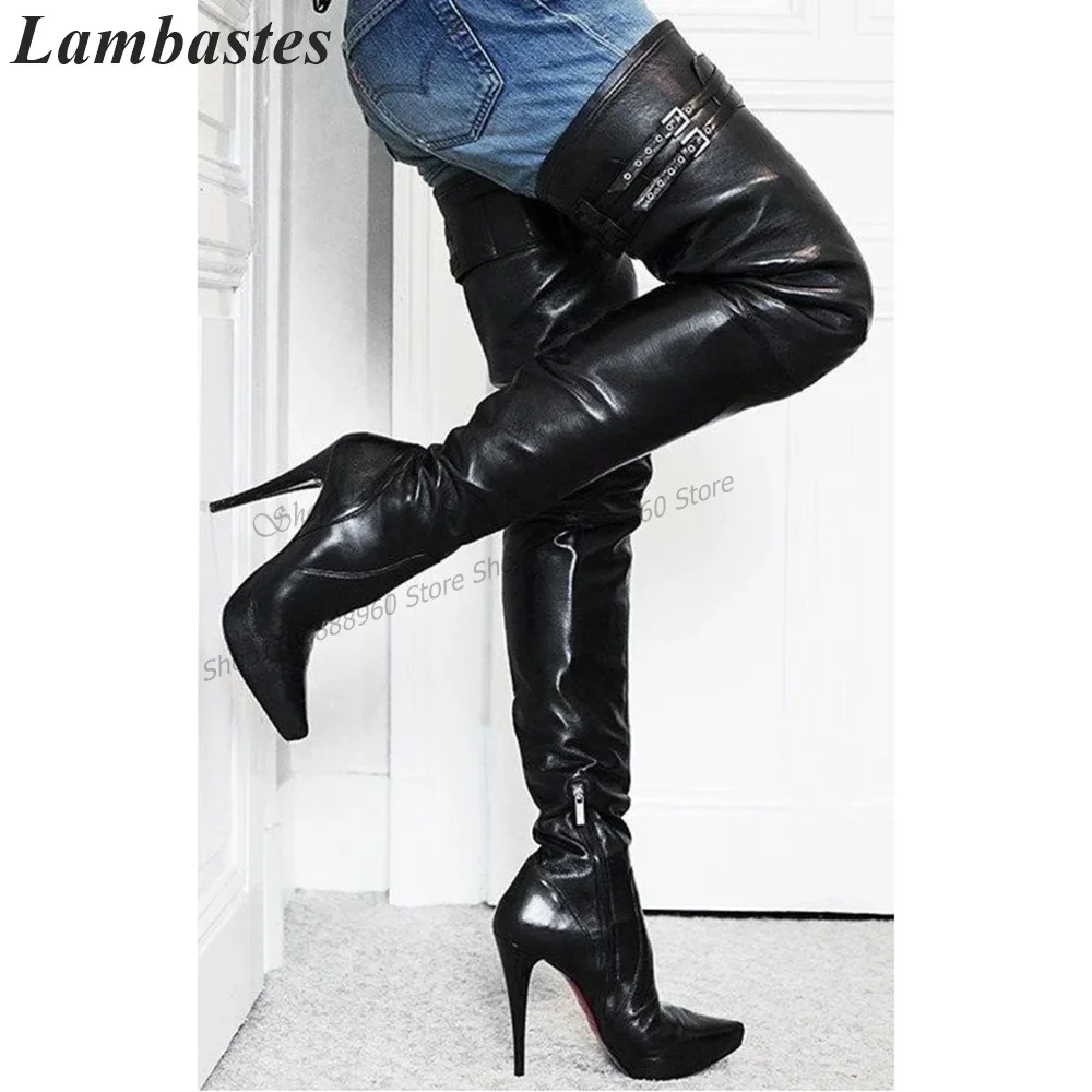 Oberschenkel Hohe Schwarz Matte Leder Schnalle Stiefel Stilettos High Heel Frauen Schuhe Seite Zipper Spitz 2023 Zapatillas Mujer