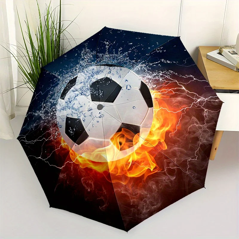 Fire & Ice Fußball-Regenschirm – Automatisch öffnender/schließender kompakter Faltschirm mit Fußball-Design, tragbarer Reiseschirm