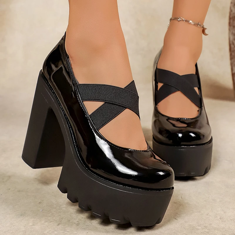 Damen-Plateaupumps aus schwarzem Lackleder, 2026, Frühling, Y2K-High-Heels, Mary-Jane-Schuhe, Damen-Punk-Gothic-Schuhe mit klobigem Absatz