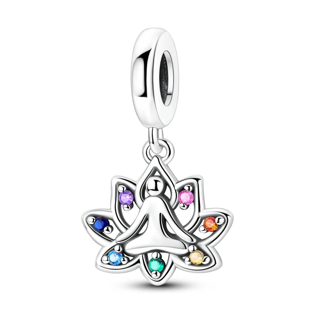 925 Sterling Silber Yoga Lotus Anhänger Mehrfarbige Chakra CZ Spirituelle Hängeperlen Passend für Armbänder Halsketten Frauen DIY Schmuck Geschenk