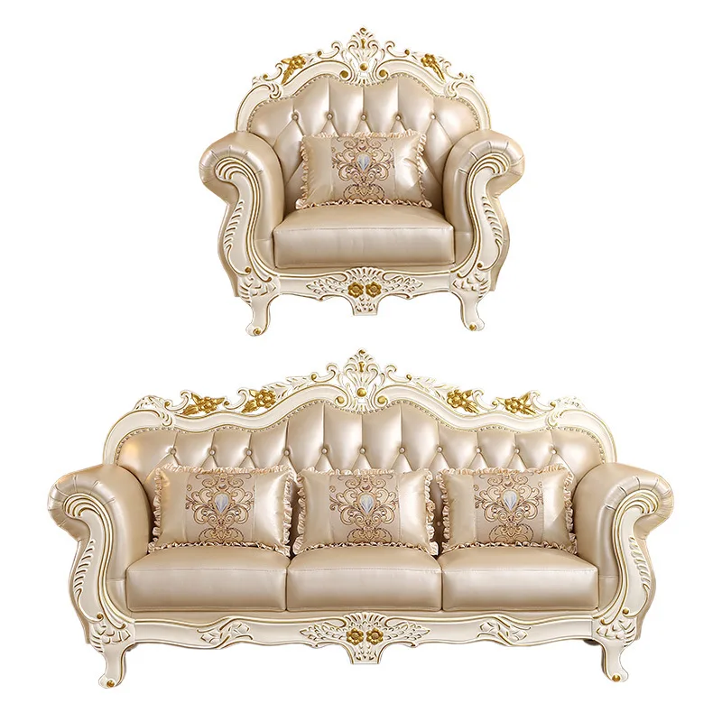 Europäische Lederkombination Ledersofa Elfenbeinweiß Wohnzimmer Massivholz Schnitzerei Blumensofa Luxus Image
