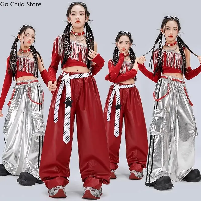 Mädchen Hip-Hop Rot ‌ Quasten-Crop-Top Streetdance Glänzende Cargohose Kinder K-Pop Jazz Streetwear Kleidungsset Mädchen Gruppenkostüm
