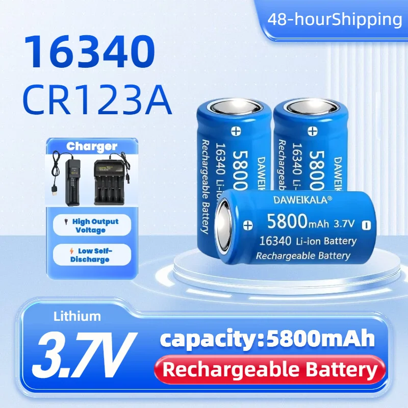 16340 CR123A wiederaufladbare Batterie 3,7 V 5800 mAh Li-Ion – mit Wandladegerät für LED-Taschenlampen, Reisen, Notfallsets Image