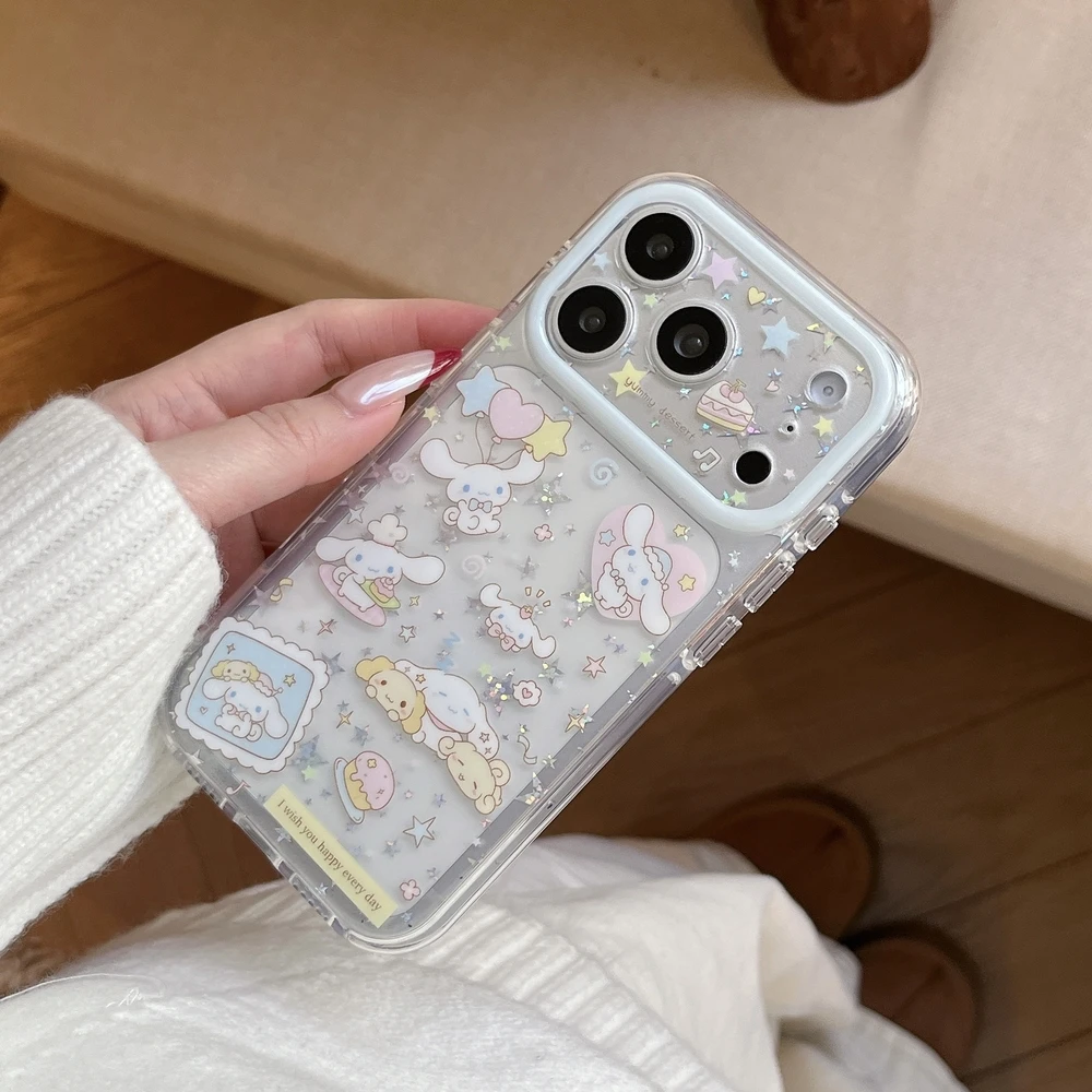 Niedliche Cartoon Sanrio Cinnamoroll Bling Glitzer Sterne Handyhülle für iPhone 17 16 15 14 13 Pro Max Transparente Weiche TPU Hülle Image