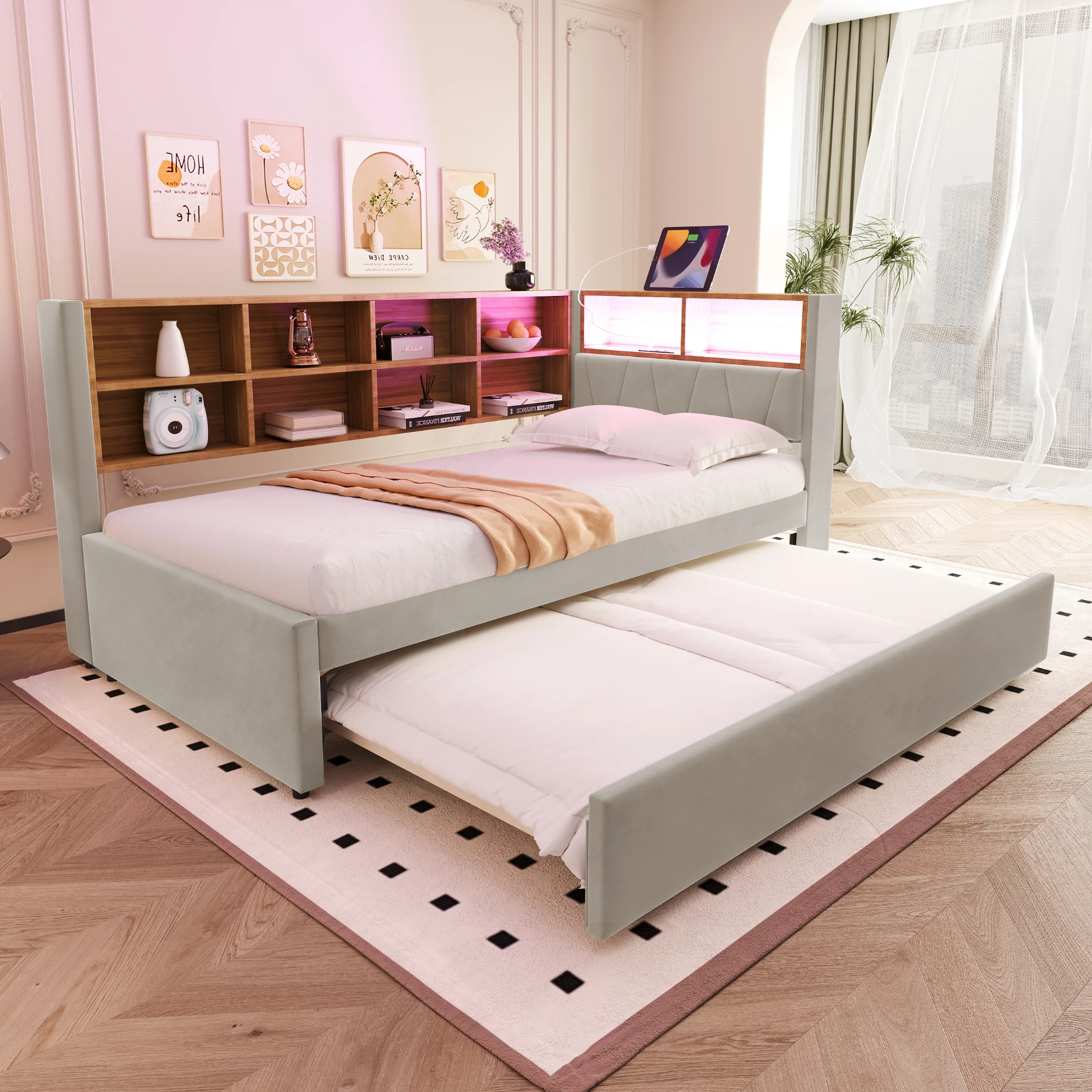 Rosahqnda Schlafsofa 140*200, ausgestattet mit LED-Leuchten, Steckdosen und vielen Ablagefächern, multifunktionales Schlafsofa. Image