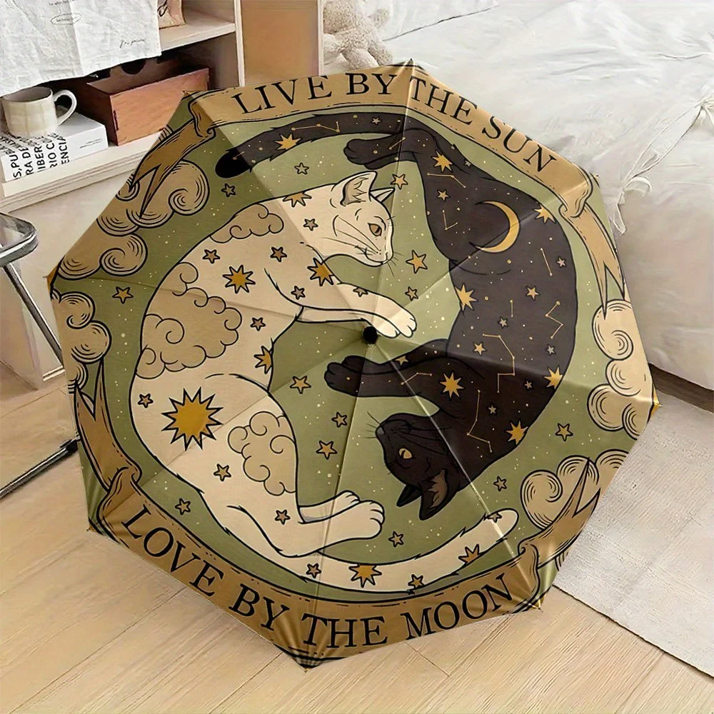 Damen-Regenschirm zum Öffnen und Schließen – Gotisches himmlisches Katzen- und Mond-Design mit weißen und schwarzen Katzen, Sternen und Wolken – kompakter Faltregenschirm Image
