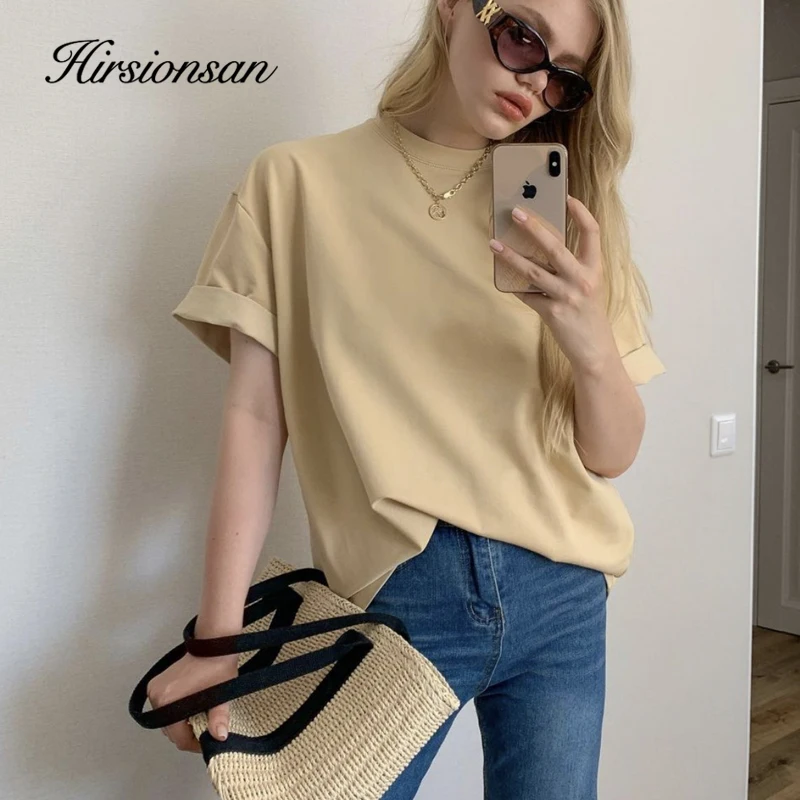 Hirsionsan Casual Baumwolle Grundlegende T-Shirt Frauen Weich Übergroßen Einfarbig Weibliche Tees Harajuku Elegante Damen Sommer Tops Grün