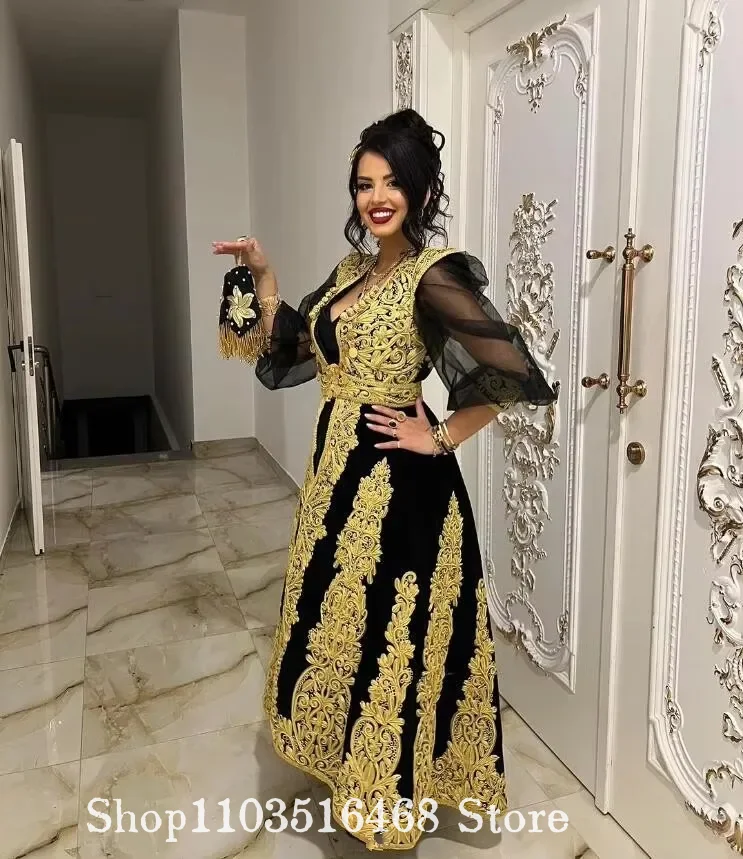 Maßgeschneidertes schwarzes algerisches Caracou-Kleid mit goldener Spitze und langen Ärmeln, Abendkleid im traditionellen Stil, Ballkleid, Hochzeits-Partykleid Image