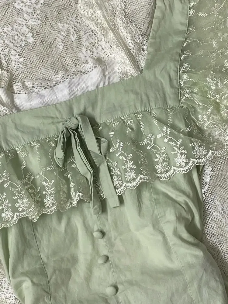 Frau Sexy Spitze Schleife Vintage Party Kleider Hemd Grün Süßes Neues Kleid 2-teilig 2000er Y2K Mädchen Süße Kleidung Hohe Taille Schlanker Rock