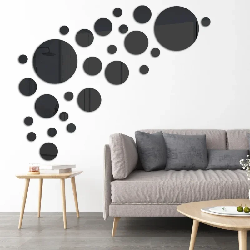26-teiliges Set DIY 3D Acryl Runde Spiegel Wandaufkleber Wandtattoos für Wohnzimmer Schlafzimmer TV-Hintergrund Heimdekoration