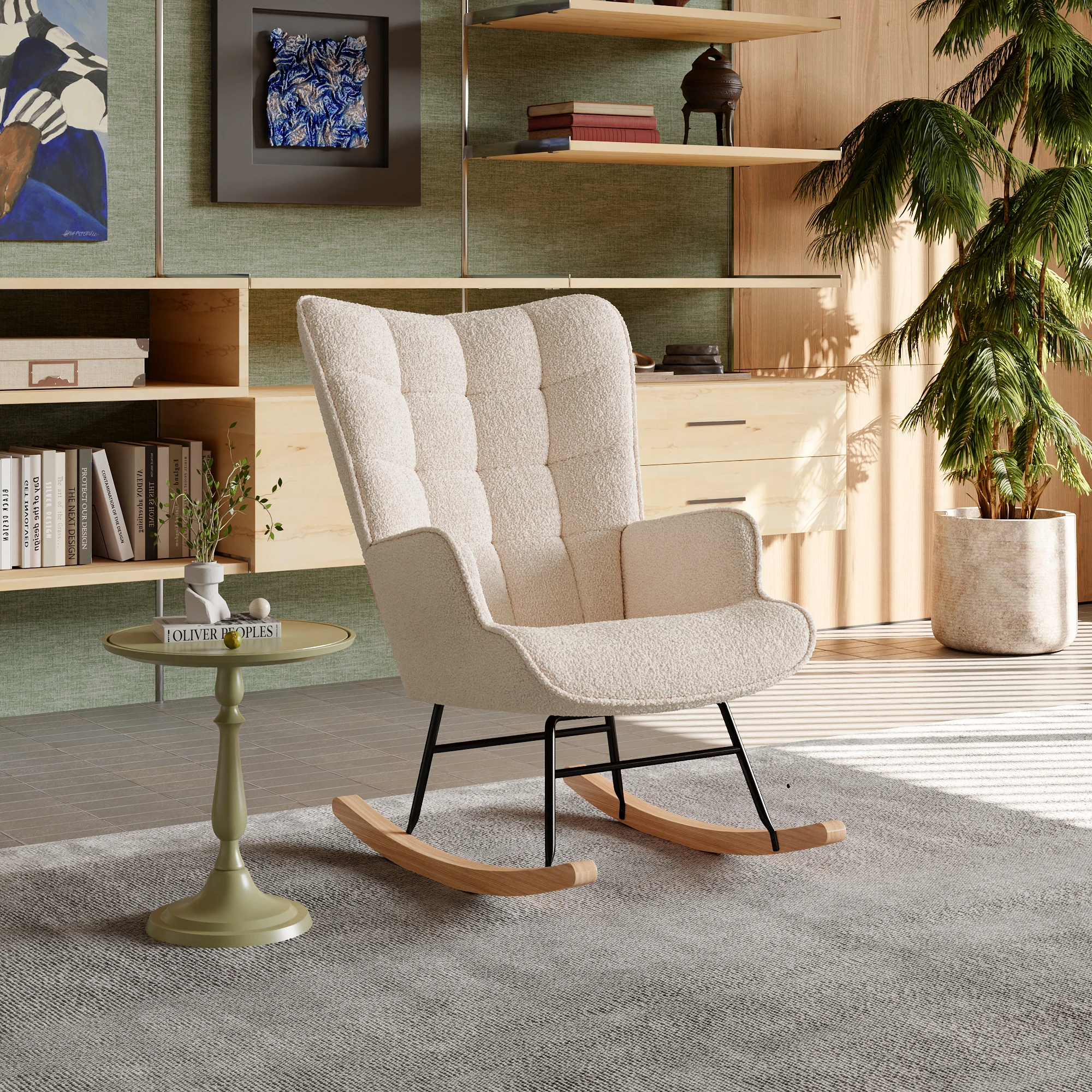 Anajqaqia Schaukelstuhl, Relaxsessel, Flügelstuhl mit Metallgestell und Holzsockel, Wohnzimmerstuhl, Teddy-Samtstoff, Beige