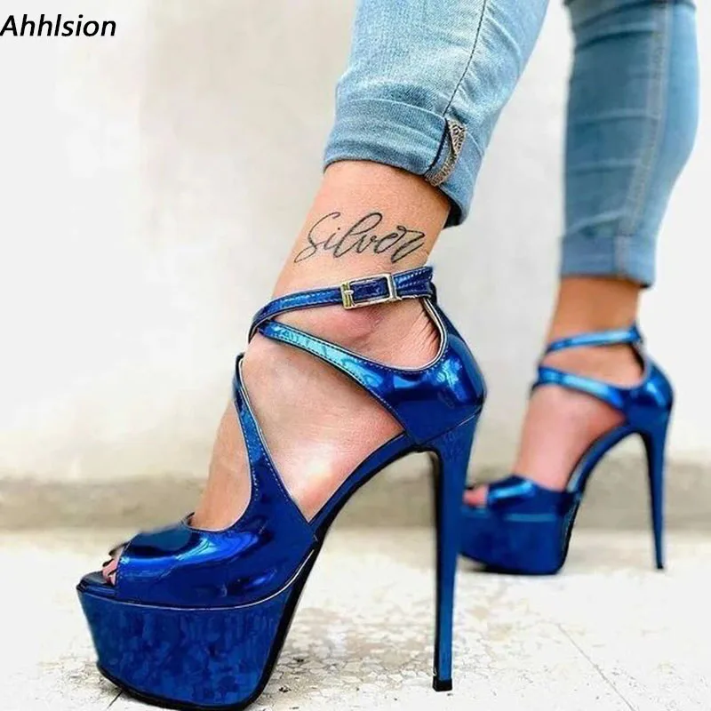 Ahhlsion Echte Bilder Frauen Sommer Sandalen Sexy Dünne Fersen Peep Toe Wunderschöne Blau Schwarz Party Schuhe Damen UNS Plus Größe 5-20