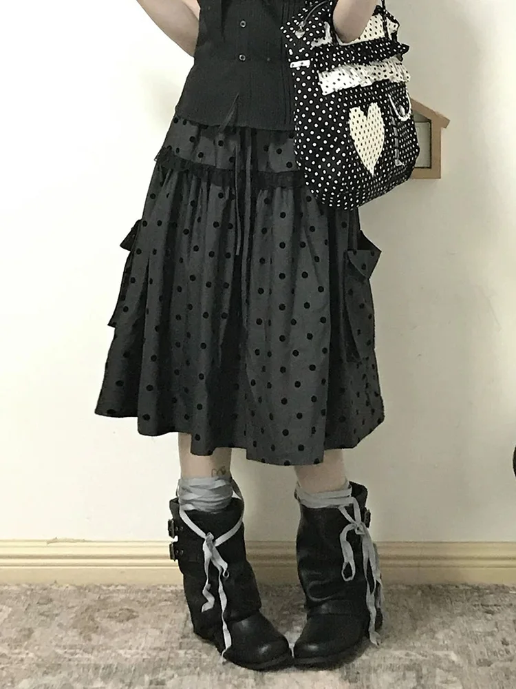 Retro Dot Y2K Midi Rock Frauen Frühling Harajuku Streetwear Hohe Taille Lose Röcke Japan Casual Große Taschen Spitze Patchwork Rock Image