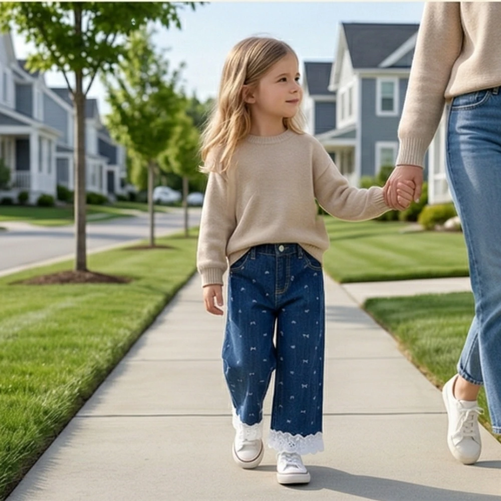 Frühlings-Kinderhosen für 6 Monate bis 7 Jahre, mit hohlem Spitzenbesatz am Saum, Mädchen-Jeans, süßer Schleifen-Print, lockere Denim-Hosen für Mädchen Image