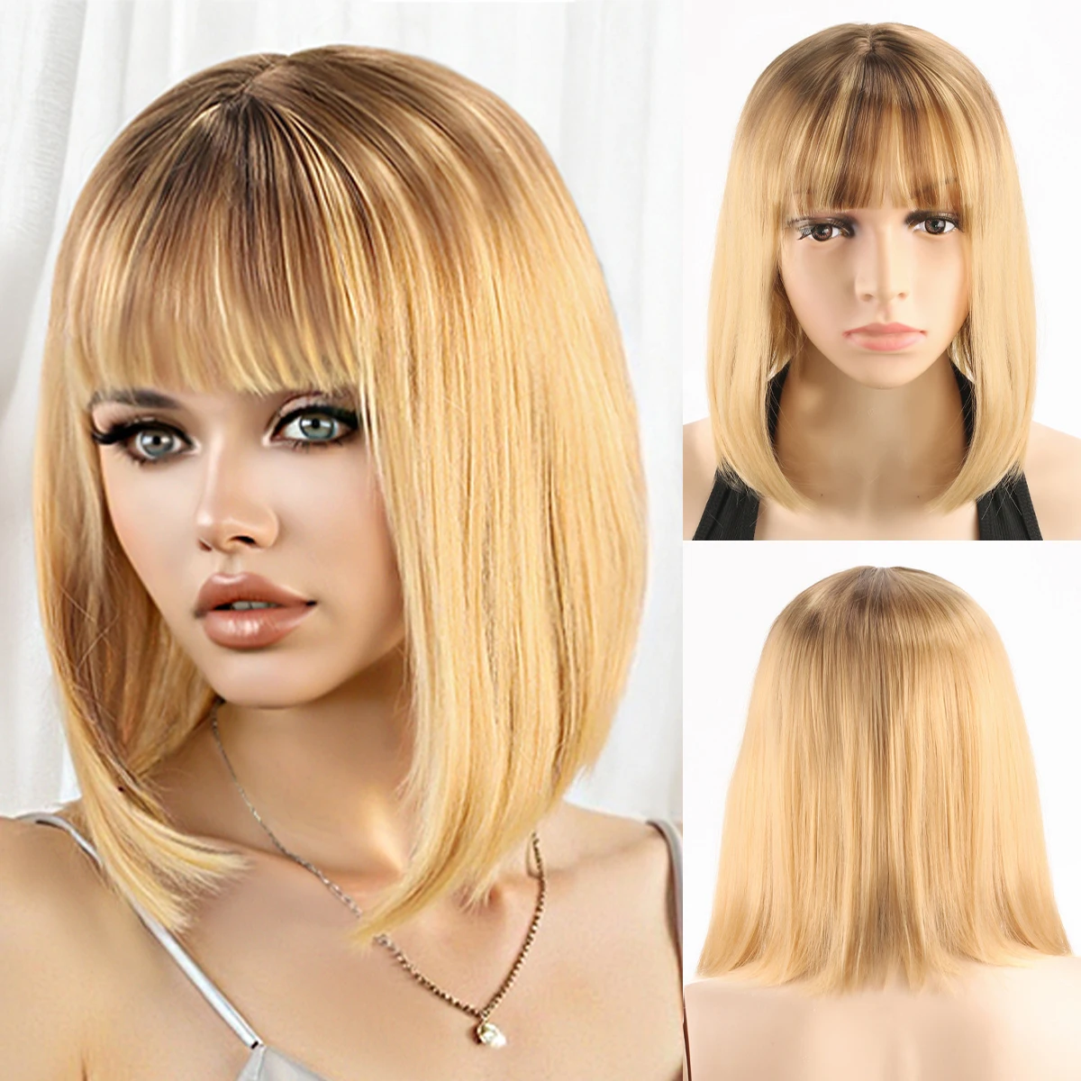 30 cm lange, schwarz-gelbe Ombre-Bob-Perücke mit Luftpony, schulterlange, kurze synthetische Perücke Image