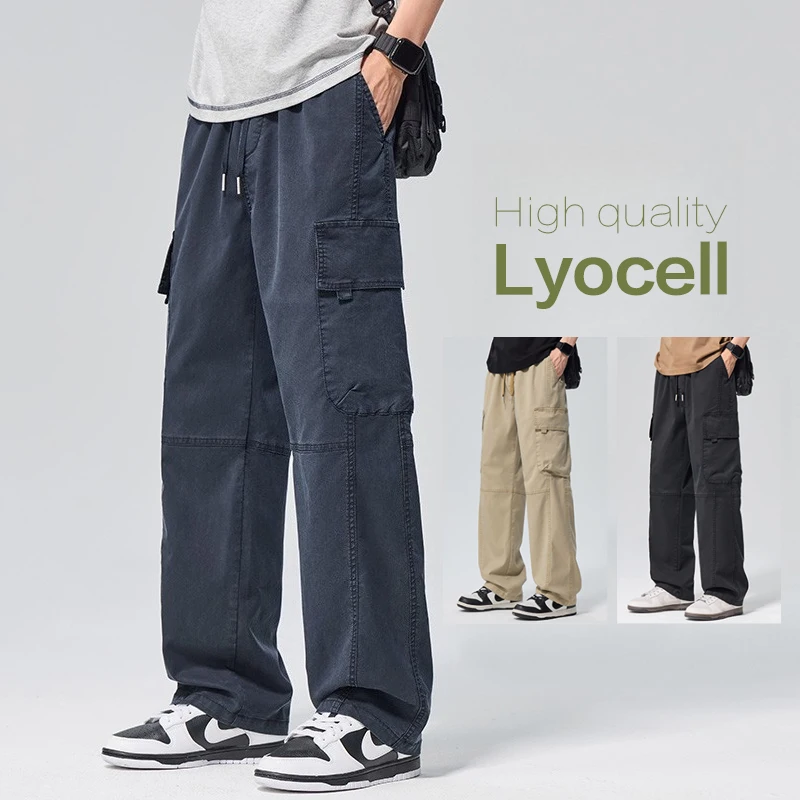 Sommer Neue Herren Lyocell Cargo Gerade Geschnittene Hose Mode Lässige Arbeitskleidung Multifunktionale Taschen Arbeitshose Herren M-4XL Image