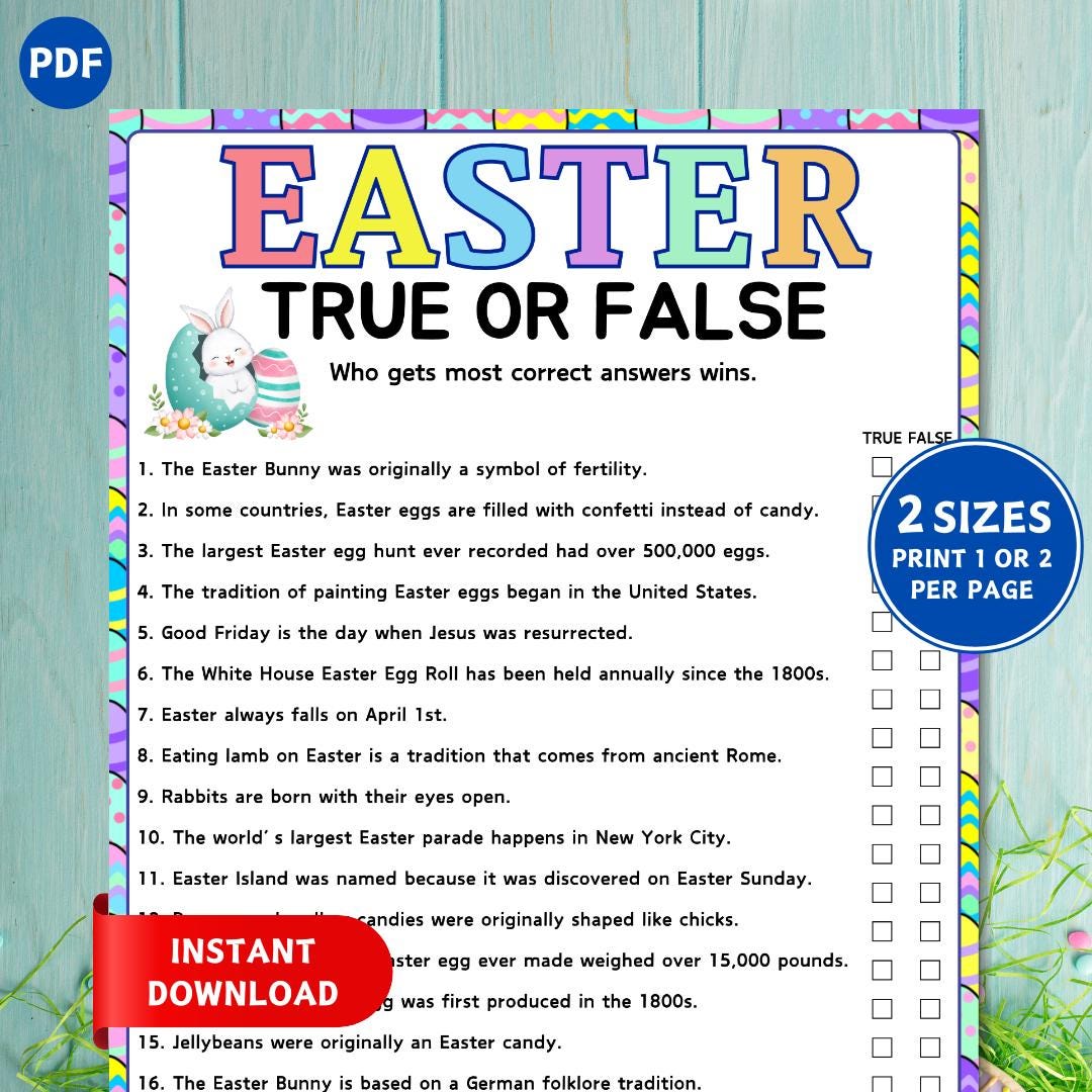 Vero o falso gioco di Pasqua, gioco vero o falso, giochi di Pasqua stampabili, gioco di Pasqua per feste, gioco di quiz di Pasqua, gioco di famiglia,