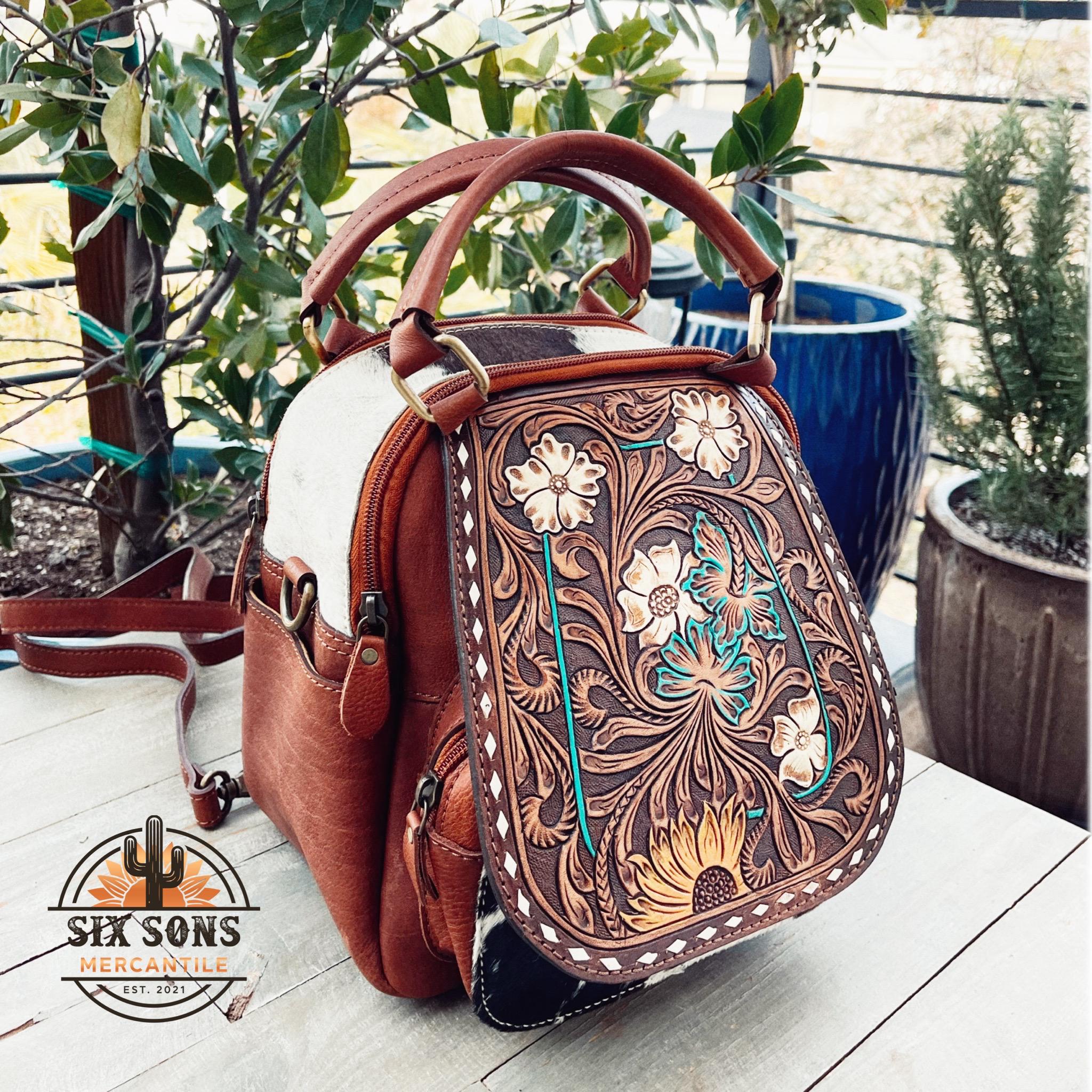 Zaino in pelle da donna, zaino in pelle con borsa, zaino in pelle, borsa western, piccolo zaino in pelle, zaino in pelle di mucca, borsa in pelle di m
