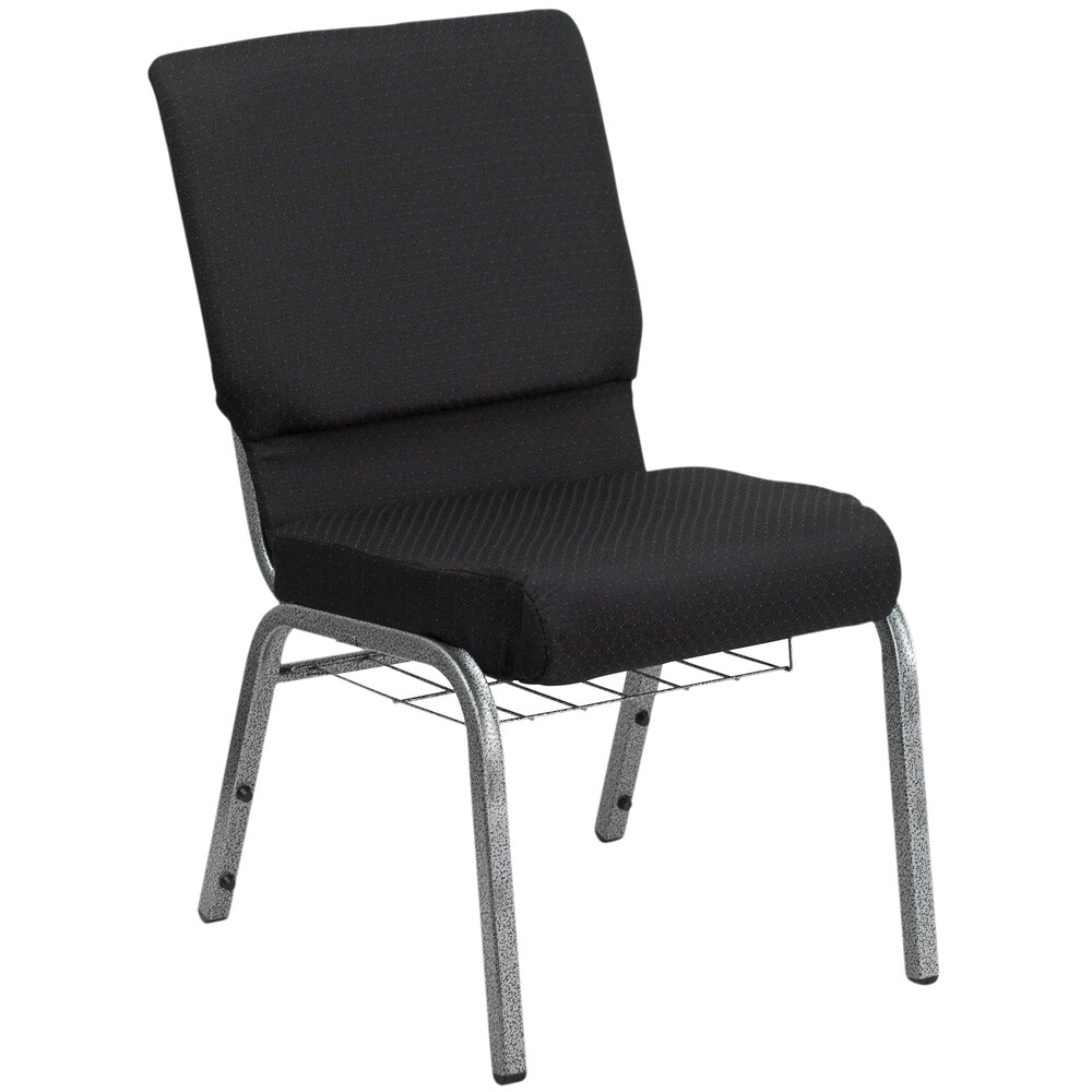 "Flash Furniture FD-CH02185-SV-JP02-BAS-GG Black Patterned 18 1/2"" Wide Church Chair with Communion Cup Book Rack - Silver Vein Frame"