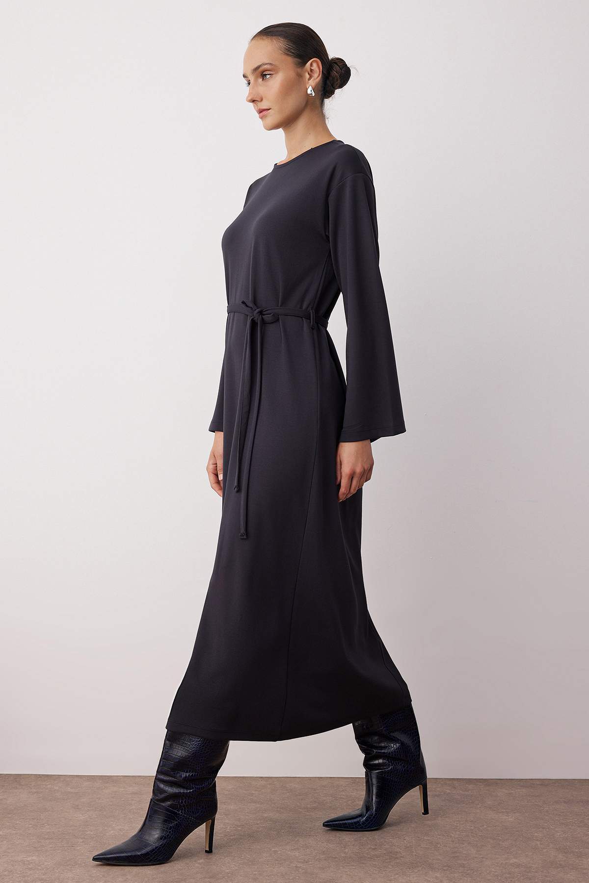 Graues, einfarbiges, langes, lässiges A-Linien-Maxikleid für Damen