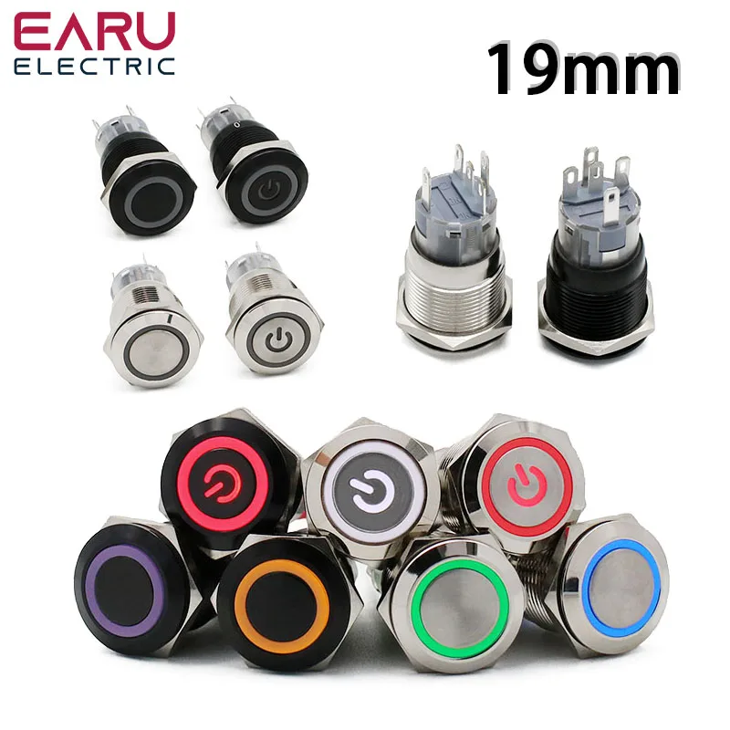 19mm Waterproof Metal Push Button Switch LED Light Black Momentary Latching Auto Car Engine PC Power Switch 3V 5V 12V 24V 220V
