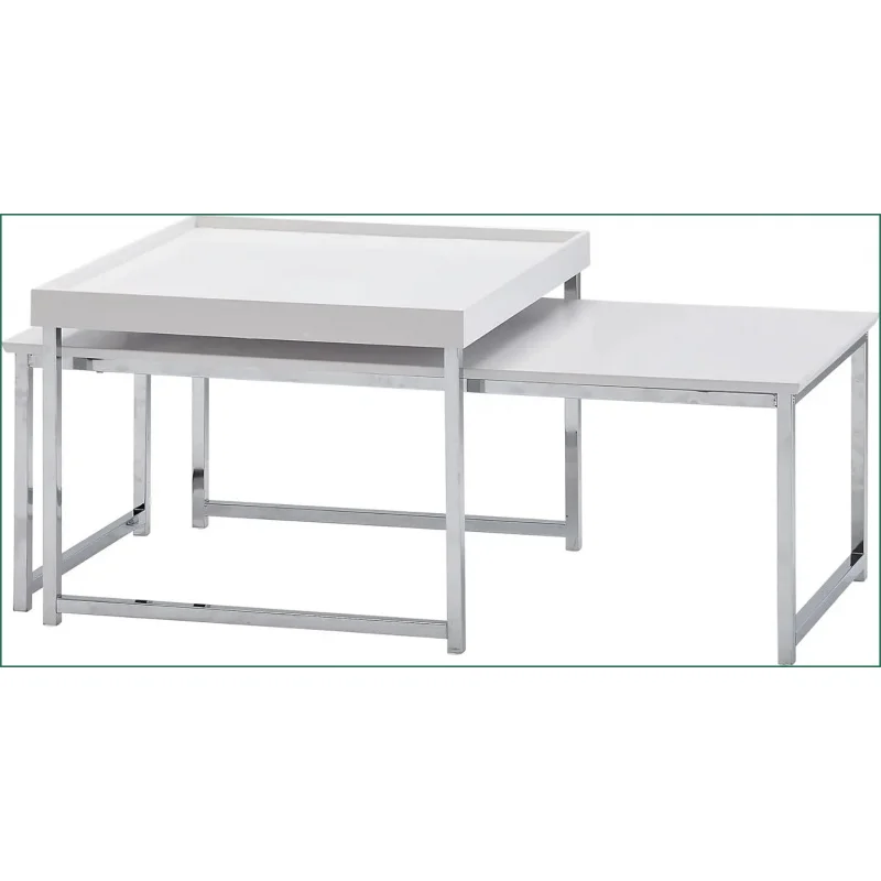 Couchtisch-Set aus 2 Teilen, Holz/Metall, Sofa-Beistelltisch, Eck- und Beistelltisch, Weiß, Modern, Design-Wohnzimmertische, Holz-Nesting-Tische