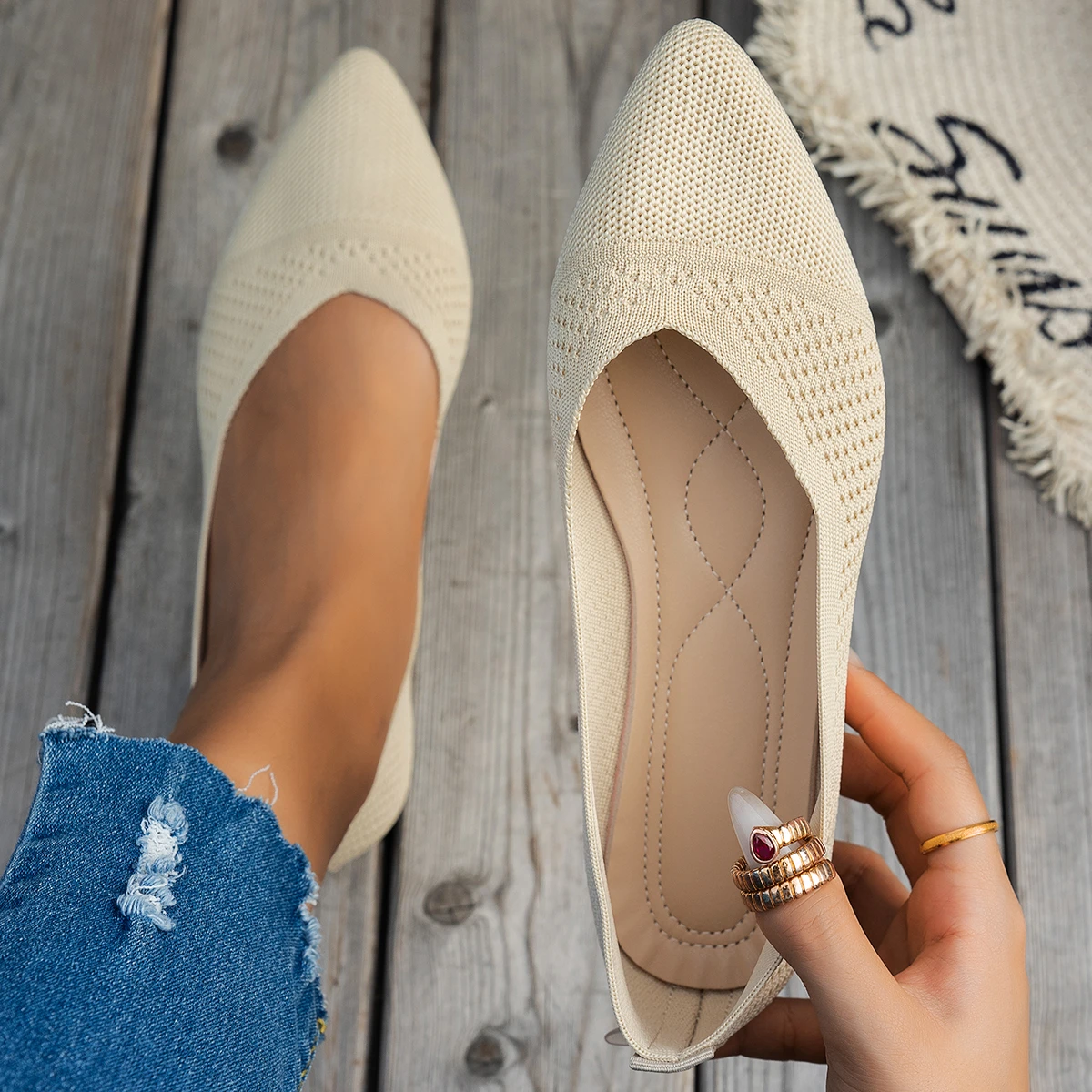 Frauen Spitz Flache Schuhe Einfarbig Gestrickte Slip auf Damen Schuhe Casual Atmungsaktive Ballett Frauen Flache Schuhe Müßiggänger Frauen