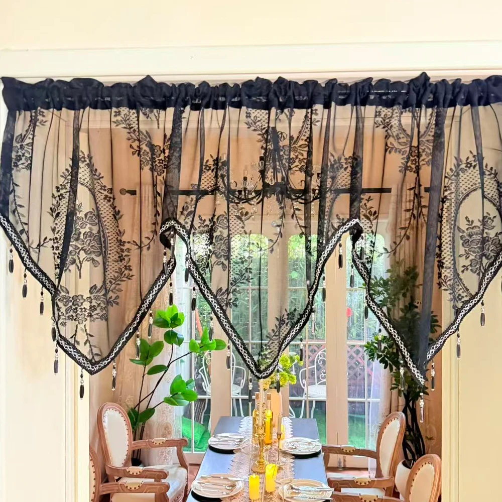 Botanisches Spitzenmuster, unregelmäßige Volantgardine mit Anhänger-Dekor, mehrfarbiger Vorhang für Küche, Erkerfenster, Café