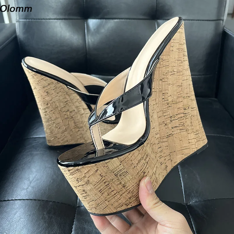 Olomm handgemachte Damen-Plateau-Pantoletten, Sandalen, Flip-Flops, Keile, hohe Absätze, runde Zehen, elegante schwarze Freizeitschuhe, US-Größe 5–15