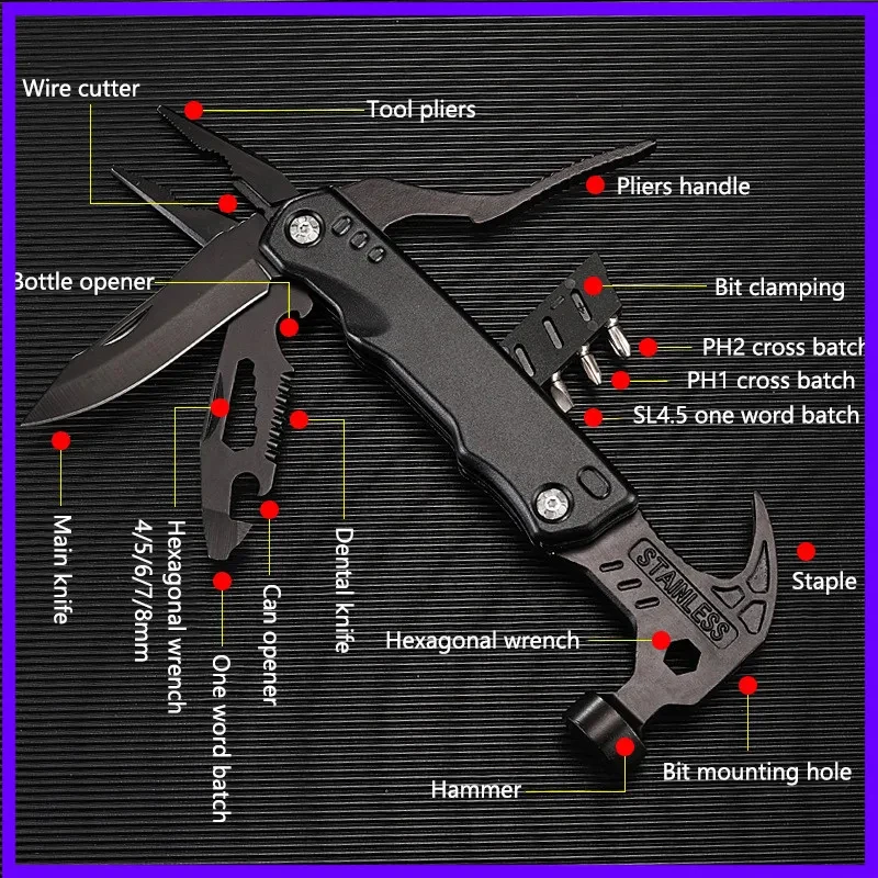 Multifunktionale Outdoor-Zange und Hammer zum Fensterbrechen, Campingwerkzeug, Hammern mit Schafshorn-Form, am Auto montierbarer Sicherheitshammer Image